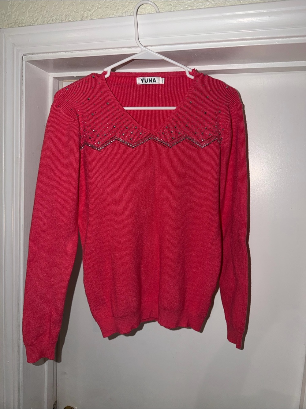 Women's Coral V-Neck Embellished Knit Sweater